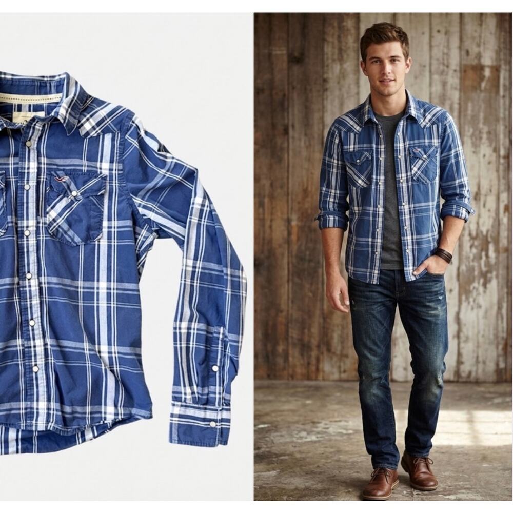 Hollister Men’s Blue Plaid Western Pearl Snap Flannel Shirt